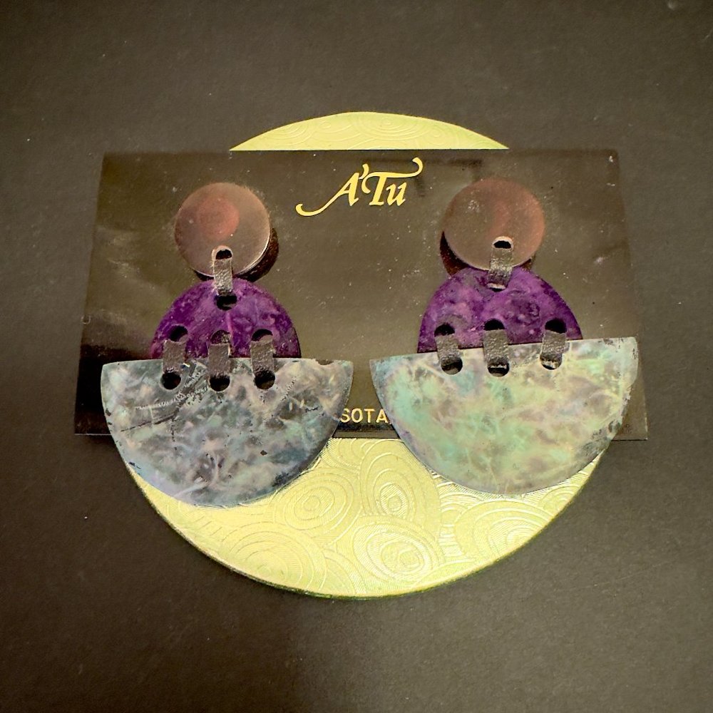 NWT Pierced Dangle Earrings Artisan Patina Metal Purple Suede A'tu Boutique